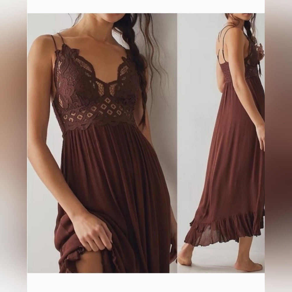 Free People Brown Maxi Adella flowy Slip Dress XS Boho Bohemian hippie